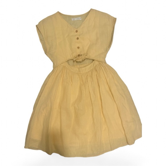 ZARA sz 11-12 years light yellow linen dress with front wait tie, button up - Picture 2 of 11